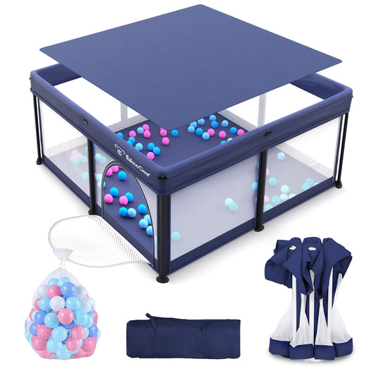 Foldable Baby Playpen for Babies and Toddlers, 50x50 Inch Portable Play Yard, Collapsible Play Pen with Mat, Visible Mesh, 50 Ocean Balls, Indoor/Outdoor Baby Fence Activity Center for Home