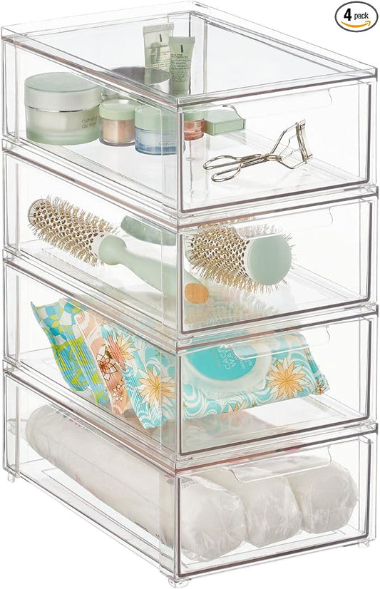 mDesign Plastic Stackable Bathroom Storage Organizer Bin with Pull Out Drawer for Cabinet, Vanity, Shelf, Cupboard, Cabinet, or Closet Organization - Lumiere Collection - 4 Pack - Clear