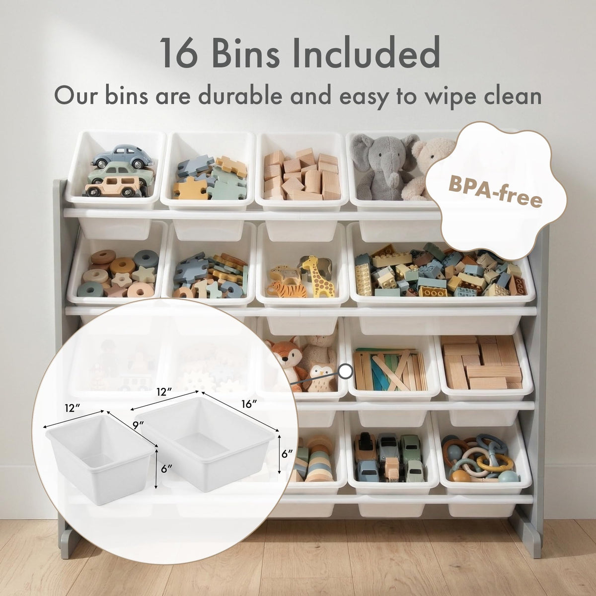 Humble Crew Supersized Toy Storage Organizer with 16 Removable Bins, Grey/White – Large Toy Storage for Toddlers Ideal for Kids' Rooms, Playrooms, and Nurseries - Modern Toy Bins for Kids