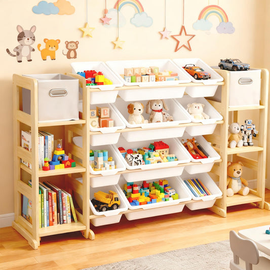 MICZG Extra Large Toy Storage Organizer for Kids - 3-in-1 Wooden Bookshelf with 6 Shelves, 12 Bins + Free 2 Storage Boxes, Anti-Tip for Playroom/Nursery