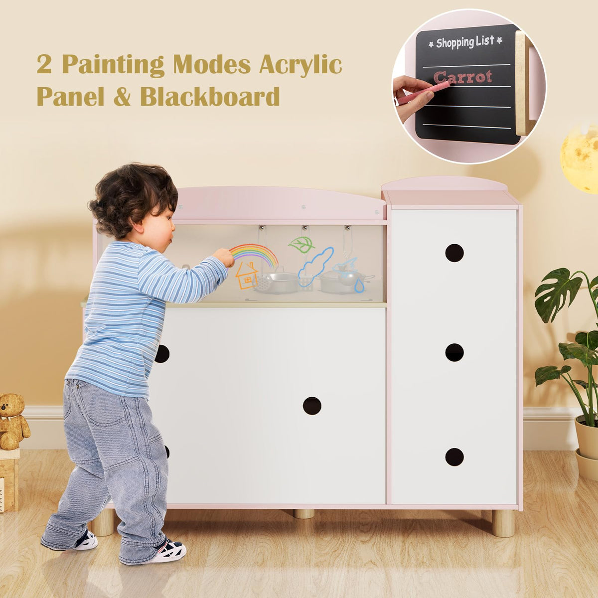 INFANS Kids Kitchen Playset, Toddler Wooden Pretend Cooking Toy Set with Acrylic Drawing Board Ice Machine Dishwasher Cloth Drawer Stove Removable Sink Simulation Play Kitchen for Boys Girls