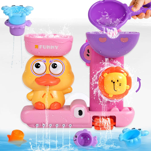 Baby Bath Toys for Kids Ages 1-3 Interactive Toddler Bath Toys Duck Learning Mold Free Shower Tub Toys for 1+ Year Old Girl Gifts with 3 Stacking Cups & 1 Water Spoon(Pink)