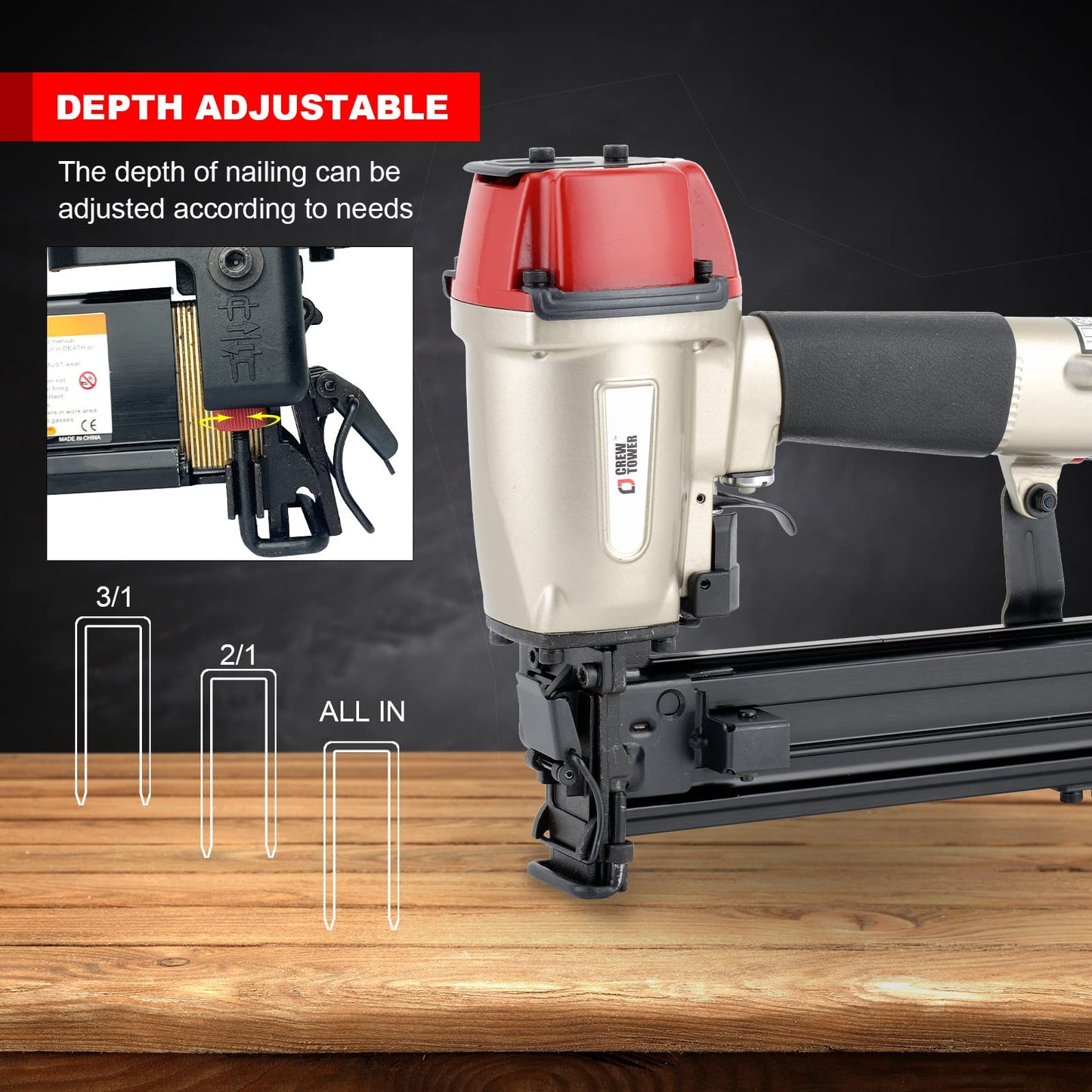 CREWTOWER Construction Stapler, 16 Gauge 15/16-inch Wide Crown, Pneumatic Air Staple Gun for Fence Wire Wood Lathes Slats Furniture Frames Pallets and Finish, Heavy Duty