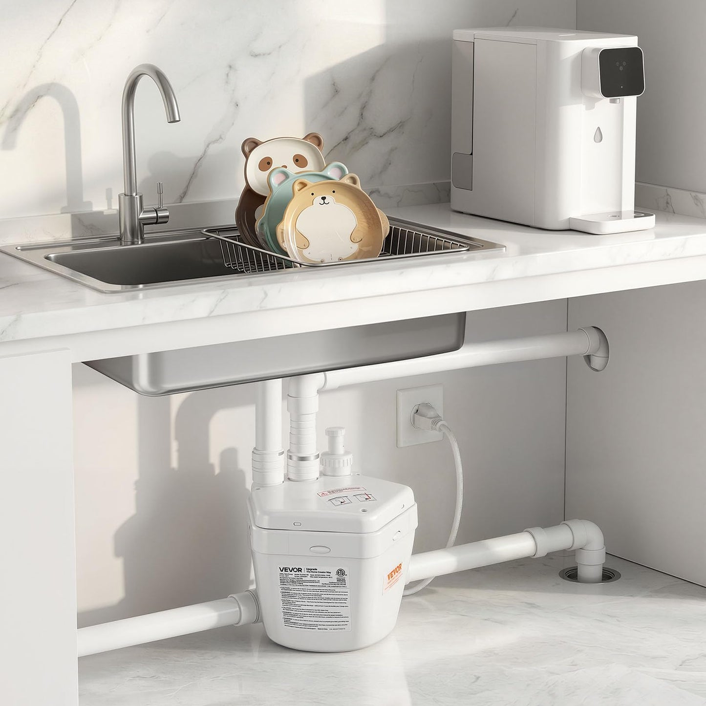 VEVOR Utility Sink Pump, 1 HP, 2200 GPH Under Sink Pump with 3 Water Inlets 1 Outlet, 36 ft Max Lift, Cast Aluminum Motor, Macerating Toilet System, for Sink Shower Wash Bin Urinal Kitchen Basement