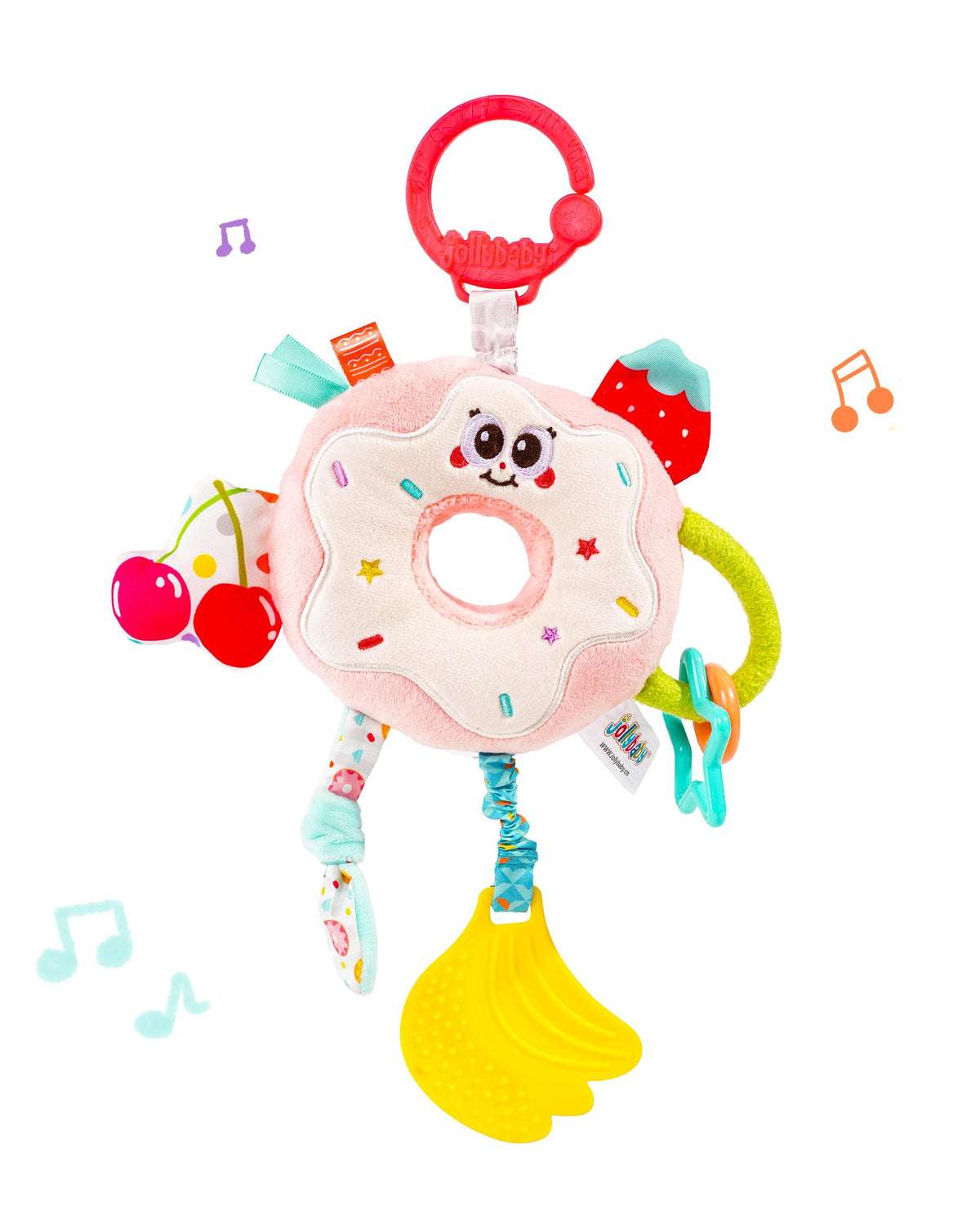 Jollybaby Baby Pull Vibration Toy - Tummy Time Sensory Hanging Toys for Car Seat, Stroller, Crib & Play Gym, with Babies Rattles & Teether, Airplane Travel Toys for Toddlers Gift - Donut