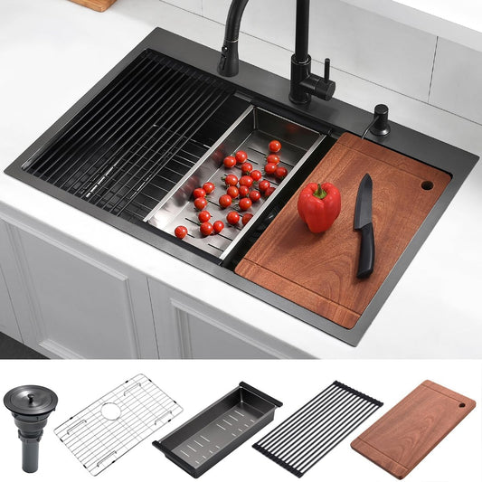 33 Drop In Black Workstation Kitchen Sink, Luckyhorse 33x22 Inches 16 Gauge Nano Black Stainless Steel Sink Topmount Workstation Single Bowl Kitchen Sink LH007SB