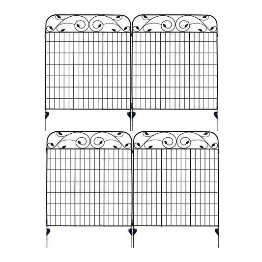 4 Pack 44" H 36" W (Linear Length 12 feet) Black Coated Heavy Duty Steel Decorative Garden Fence Panel with 8 Leaves, Heavy Duty Metal Wire Border Fencing Patio Flower Animal Barrier Section Panel