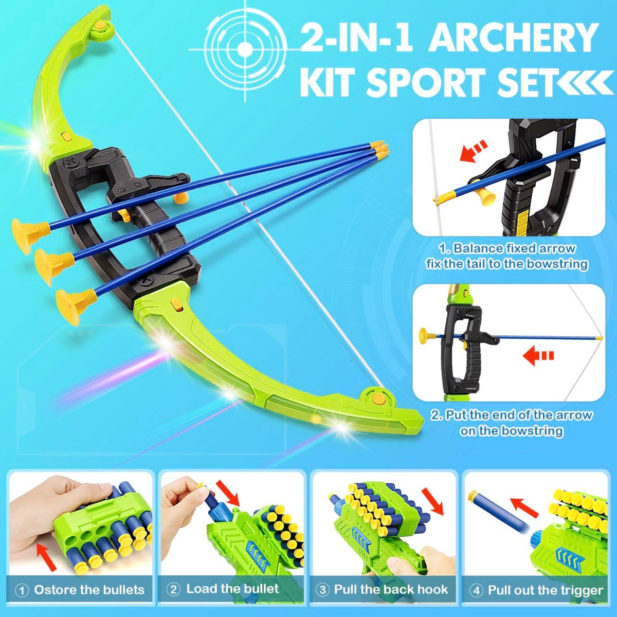 polokping 2 Pack Bow and Arrow Toy for 5 6 7 8 9 10+ Year Old Boys, Ideal Gift for Kids, Indoor Outdoor Shooting Game Toy for Ages 4-8 8-12, LED Light Up Archery Set with 12 Suction Cup Arrows