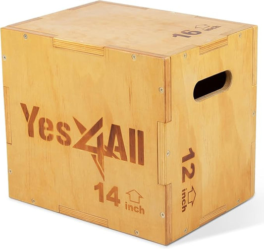 Yes4All Plyo Box, 3-in-1 Wooden Box Jumps for Home Gym (12/14/16?¯in), 450 lbs Boxes Step Up with Smooth Edges & Wide Built-in Handles for Jumping, Strength Training, Lunges, Squats, Dips