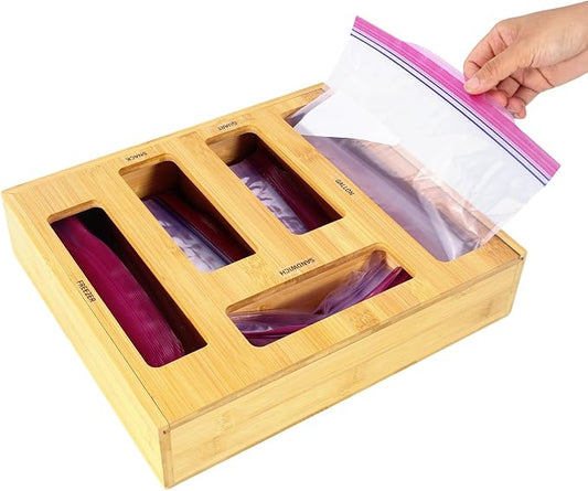 Bag Storage Organizer Compatible with Ziploc | Gallon, Quart, Sandwich & Snack Sized Slider Bags,Bamboo Organizer For Drawer,13.7"L*11.8H"*3.1W"
