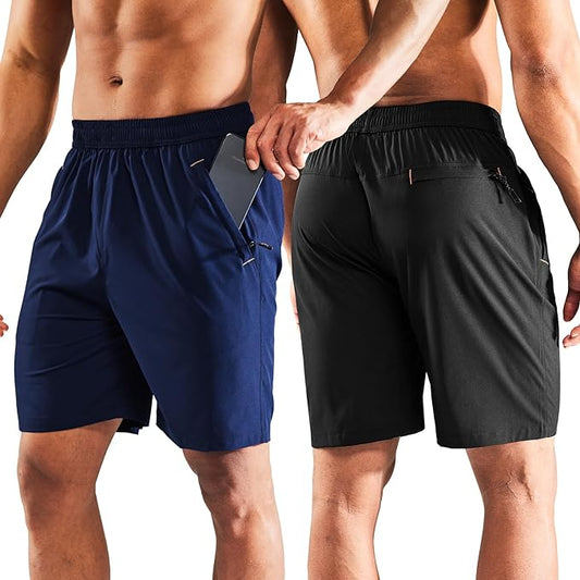 MIER Men's Quick Dry Running Shorts with Zipper Pocket, Elastic Waist Athletic Workout Exercise Fitness Shorts, 7 Inch