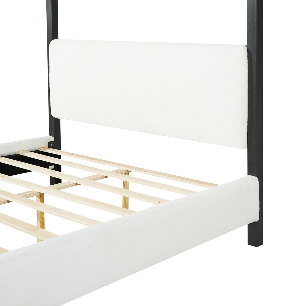 Merax Modern Queen Szie Metal Canopy Bed with Plush Bouclé Upholstery,Four-Poster Bed with Wood Slat Support,Padded Headboard & Side Rails,No Box Spring Needed,Luxury Bedroom Furniture,White+Black