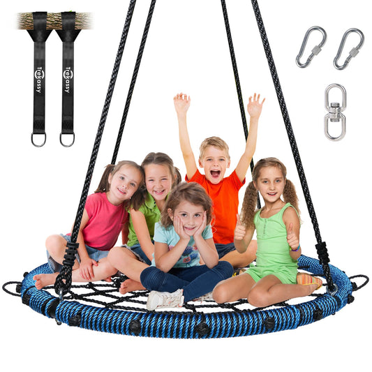 Trekassy 45" 750lbs Spider Web Tree Swing for Kids & Adults, Outdoor Steel Frame Saucer Net Swing with Swivel, Adjustable Ropes + 2 Tree Hanging Straps - Blue (Patented)