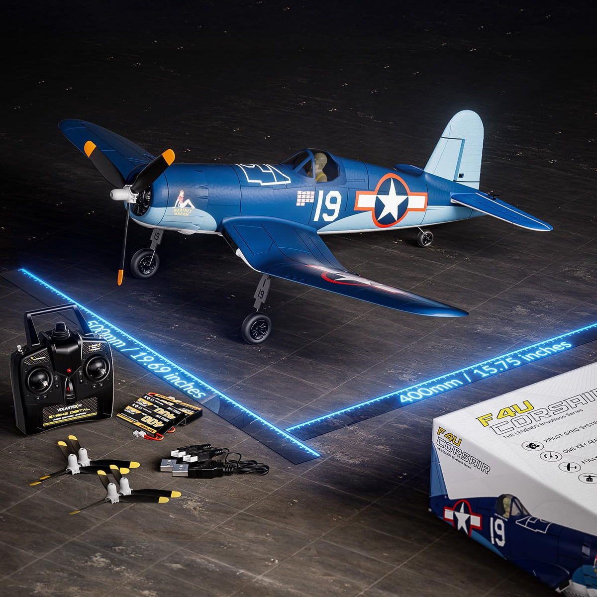 Volantexrc Brushless RC Planes, 4 Channel F4U Corsair RTF RC Airplane Fighter, 6-Axis Gyro wiih 3 Flight Modes, One-Key Aerobatic, Wingspan 500mm Fuselage 396mm, with 3 Batteries, Ideal Park Flyer