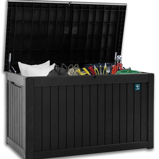 230 Gallon Large Outdoor Storage Box, Durable Deck Boxes Outdoor Waterproof, Resin Waterproof Deck Box for Patio Furniture Outdoor Cushions Garden Tools and Pool Storage (Black, 230 Gallon)