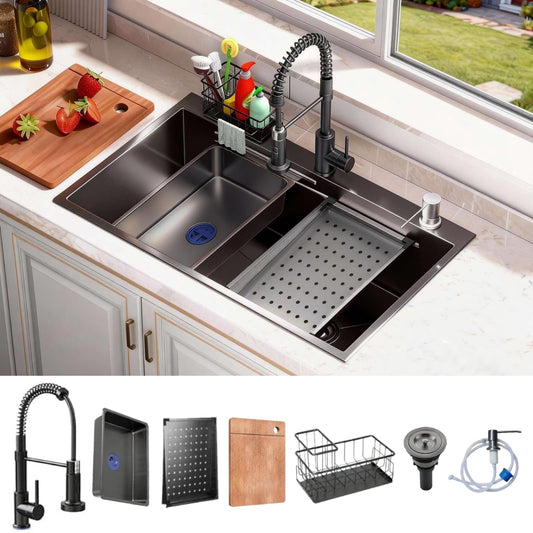32x19 Black Drop-in Kitchen Sink: Deep Single Bowl Stainless Steel Workstation with Faucet & Accessories Combo for Family Kitchen—Scratch Resistant & Noise Reducing