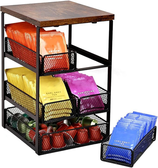 Tea Bag Organizer with 5 Drawers, Wooden & Metal Tea Storage Organizer for TeaBags, Coffee Pods, Creamers & Sugar – Countertop Tea Bag Holder for Coffee Bar and Kitchen, Space-Saving Tea Storage Rack