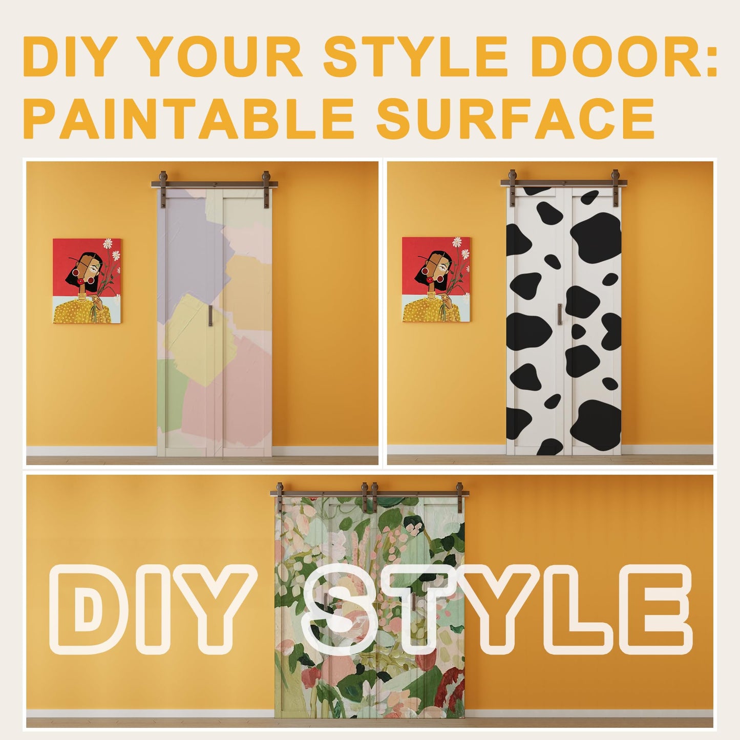 Paintable Bifold Barn Doors, 50" x 84" Preassembled MDF Panels Bi Fold Barn Door with Sliding Hardware Kit Included, 3 Lite Tempered Frosted Glass Sliding Closet Doors for Pantry Laundry