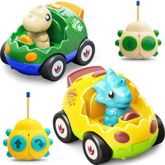 Kidz do 2 Pack Dinosaur Remote Control Cars for Toddlers 2 3 4 5 Years Old - Easter Birthday Gift Ideas for Boys Ages 2-5, Kids Dino Toys RC Vehicle with Lights and Music for Family Fun(Yellow Green)