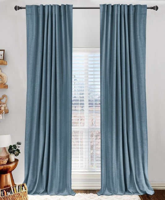 Skiennix 100% Blackout Linen Curtains - Thermal Insulated Drapes for Bedroom | 2 Panels Set, 50" W x 84" L, Stone Blue