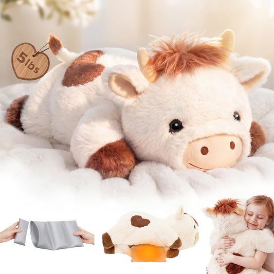 Mewaii Weighted Stuffed Animals for Adults & Kids, 2-5 lbs - 23" Heatable Coolable Cow Plush, Microwavable Adjustable Removable Inner Pad, Realistic Hug Comfort Gift (White)