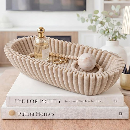Large Decorative Bowl for Home Decor Long Dough Key Bowls Coffee Table Decor Centerpiece Beige Ruffle Scalloped Resin Modern Handicraft Bowl for Kitchen Counter Farmhouse Entryway