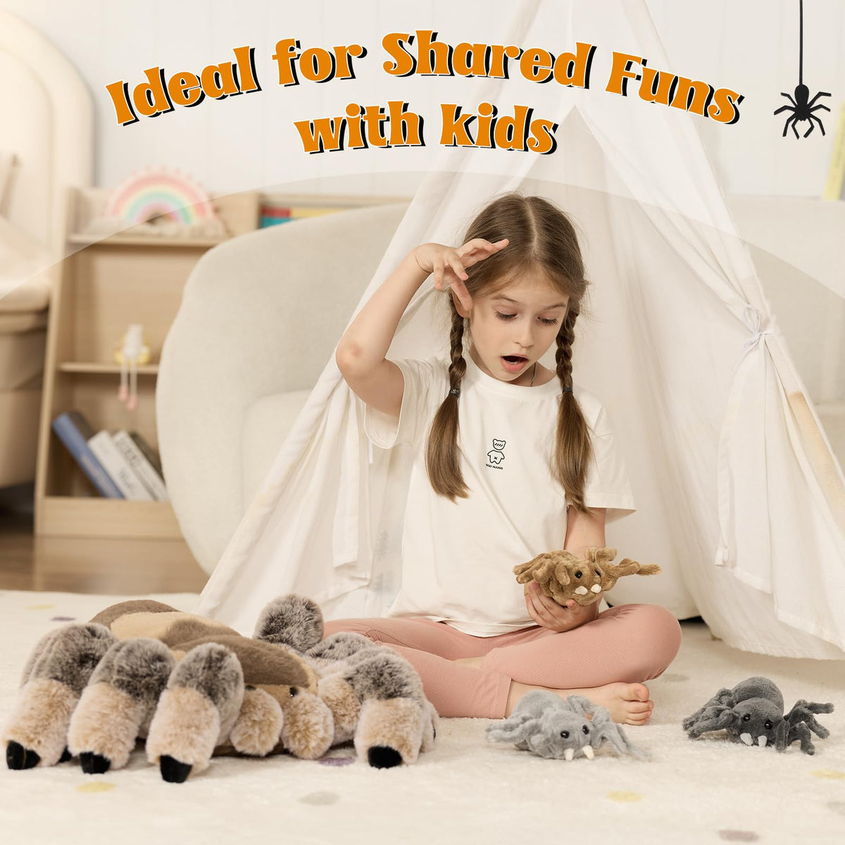 MorisMos 4Pcs Large Spider Plush, 16 Inch Mommy Spider Stuffed Animals with 3 Babies, Soft Cuddly Pillow Plush Gifts for Kids Boys Girls, Brown