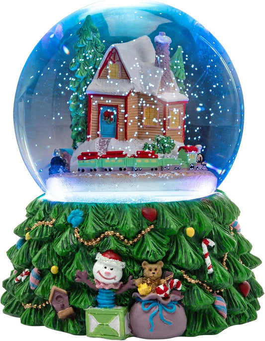Skiennix Revolving Christmas Train Snow Globe - Color-Changing LED Music Box with 3D Tree Base