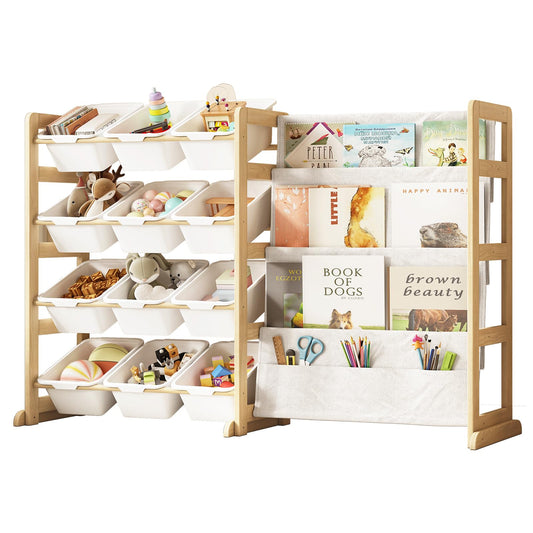 EXPERLAM Toy Storage Organizer with Bookshelf - 12 Storage Bins 4-Tier Multipurpose Shelf to Organize Toys and Books for Kids Room, Playroom, Nursery Room, White
