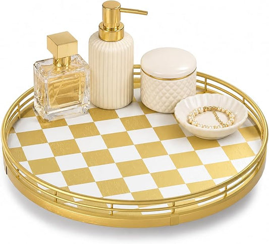 Gold Decorative Vanity Tray, 10 Inch Rotating Lazy Susan Perfume Tray with Metal Rail, Checkerboard Wood Organizer for Bathroom Counter, Dresser, Skincare, Jewelry and Makeup Display