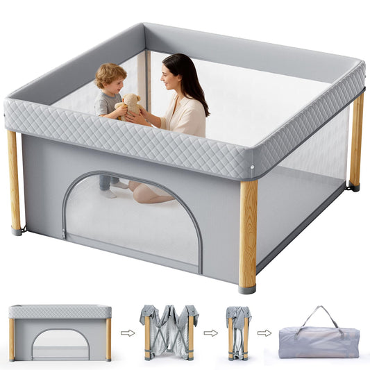 Cbcvvaer Foldable Baby Playpen, 59x59 Foldable Play Pen for Babies and Toddlers, Portable Playpen Indoor Outdoor, Kids Safety Area Travel Play Yard with Storage Bag Grey