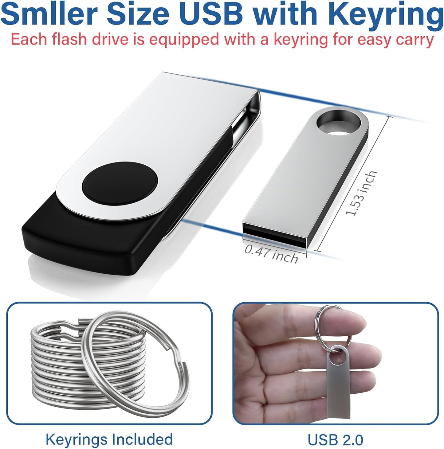 Wooolken 5 Pack 1GB 2.0 USB Flash Drive with Keychains, Sleek Metal USB Thumb Drives Memory Stick for PC Laptop