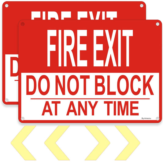 2 Pack Fire Exit Sign, Do not Block Door at All Times Metal Signs,10 x 7 Inches Emergency Exit Sign with Extra Arrows Sticker Included, Fade Resistant&Rust-Free