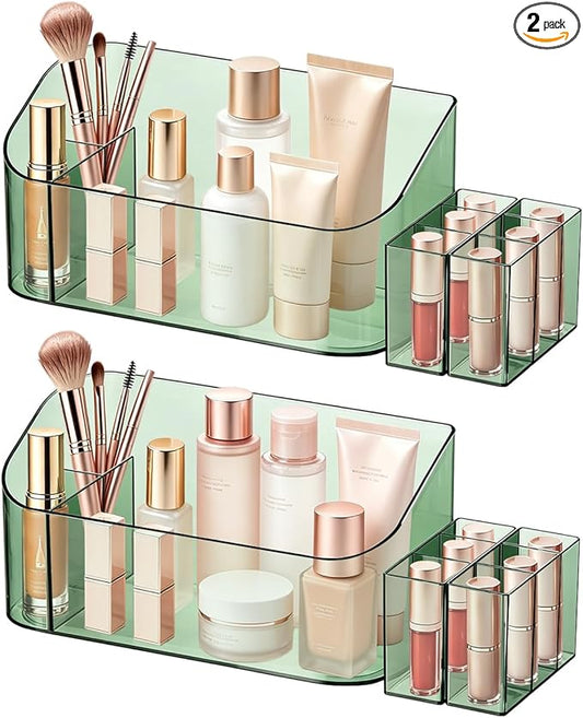 SUNFICON 2 Pack Makeup Trays Organizers Holders Cosmetic Display Cases Tabletop Desktop Vanity Countertop Bathroom Wall Cabinet Medicine Storage Boxes for Womens Ladies Girls Crystal Green