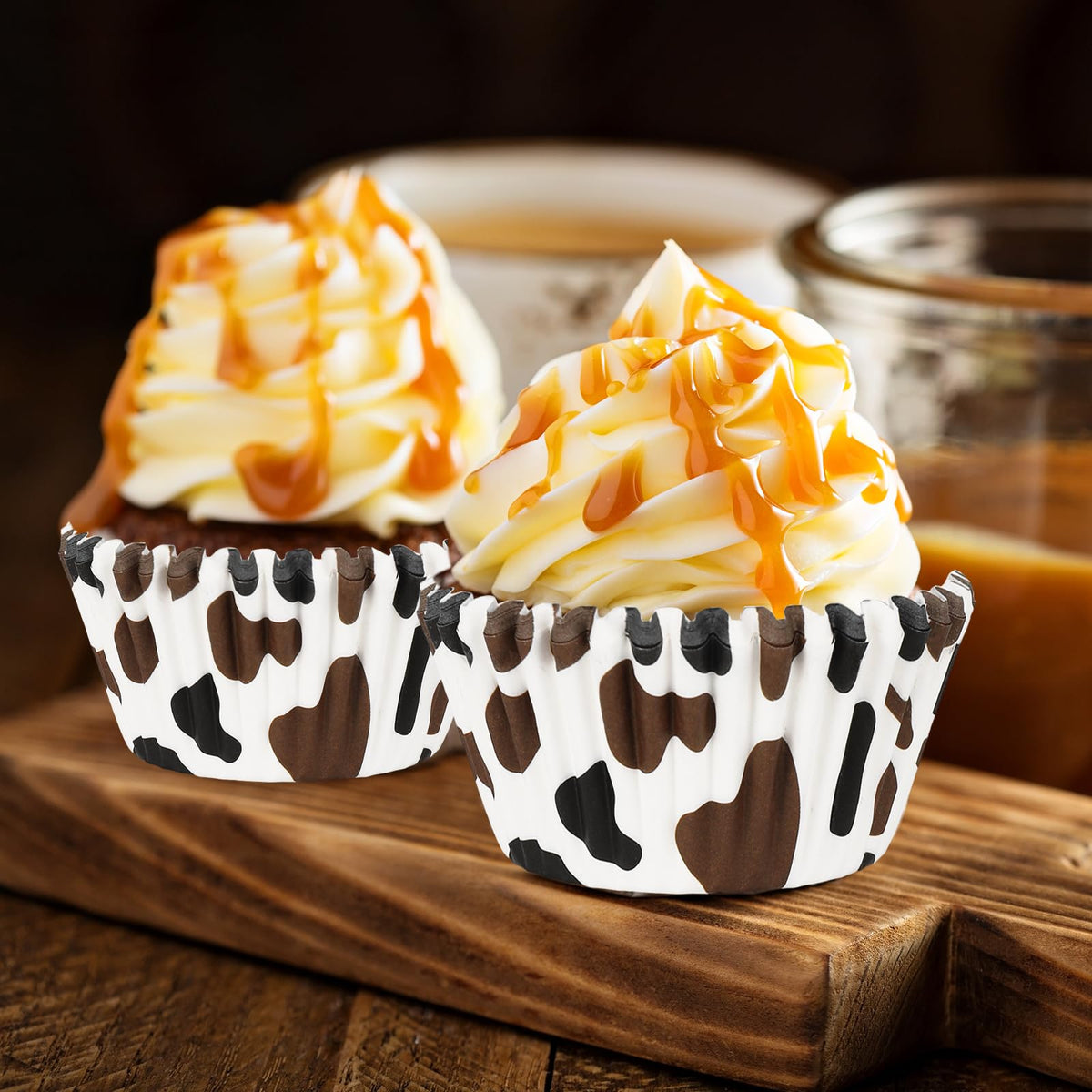 Whaline 300Pcs Cow Print Paper Baking Cups Black Brown Cupcake Liners Highland Cow Spot Muffin Liner Farm Animal Cake Paper Cups Storage Container for Party DIY Craft, 2x1.2 Inch
