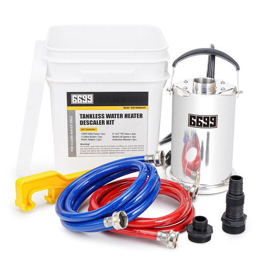 6699 Tankless Water Heater Flushing Kit Includes 1/4HP Stainless Steel Sump Pump with Two Adapters & 3 Gallons Pail with Bucket Lid Opener & Two 1/2” Dia X 6’ Hoses with Washers