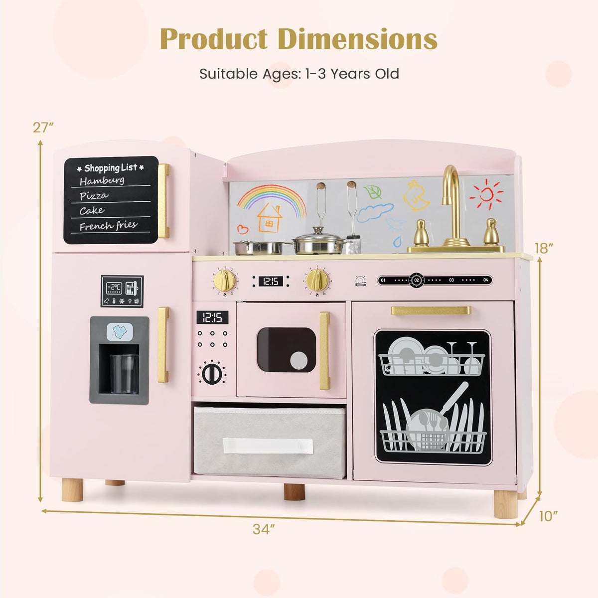 INFANS Kids Kitchen Playset, Toddler Wooden Pretend Cooking Toy Set with Acrylic Drawing Board Ice Machine Dishwasher Cloth Drawer Stove Removable Sink Simulation Play Kitchen for Boys Girls