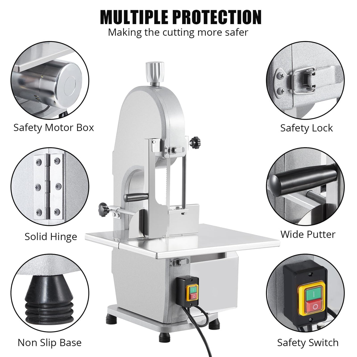 1100W Commercial Electric Bone Saw Machine, Frozen Meat & Bone Cutter with 5 Saw Blades, Adjustable 0.16-7.09 Inch Thickness, 19.3"x15" Stainless Work Table for Butcher Shops, Restaurants, Supermarket
