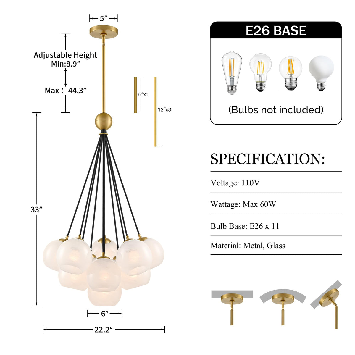 Caiselee 11-Light Brushed Gold Bubble Chandeliers, Mid Century Modern Chandelier with Cloud Texture Globe, Milk Glass Pendant Light Fixture for Dining Room Foyer Entryway Living Room, ETL Certified