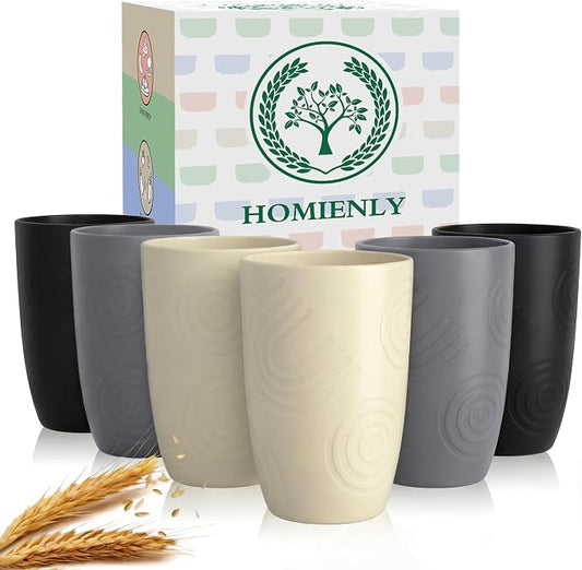 Homienly Wheat Straw Cups Drinking Glasses Set of 6, Unbreakable Plastic Cups Reusable Cups for Kitchen Camping Picnic Dorm Microwave and Dishwasher Safe Water Glasses Drinking Set 12 OZ - GreyStone