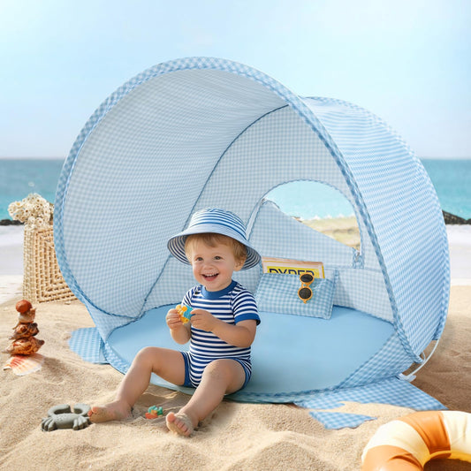 Tiny Land Baby Beach Tent – Pop Up Baby Tent with UV Protection, Portable Baby Beach Essentials, 35.4"x27.6"x31.5" Sun Shelter for Infants, Baby Summer Outdoor Use (Light Blue Gingham)