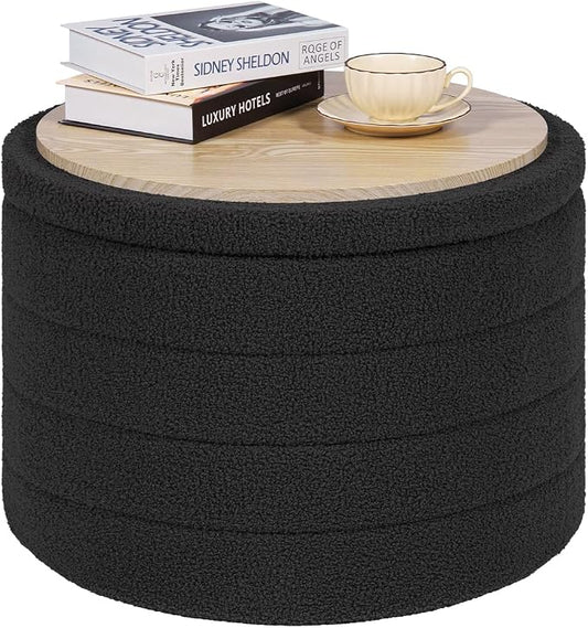 PINPLUS Round Storage Ottoman, Foldable Sherpa Ottoman Footstool Storage with Coffee Table for Living Room, Bedroom, Dorm (Dark Grey)