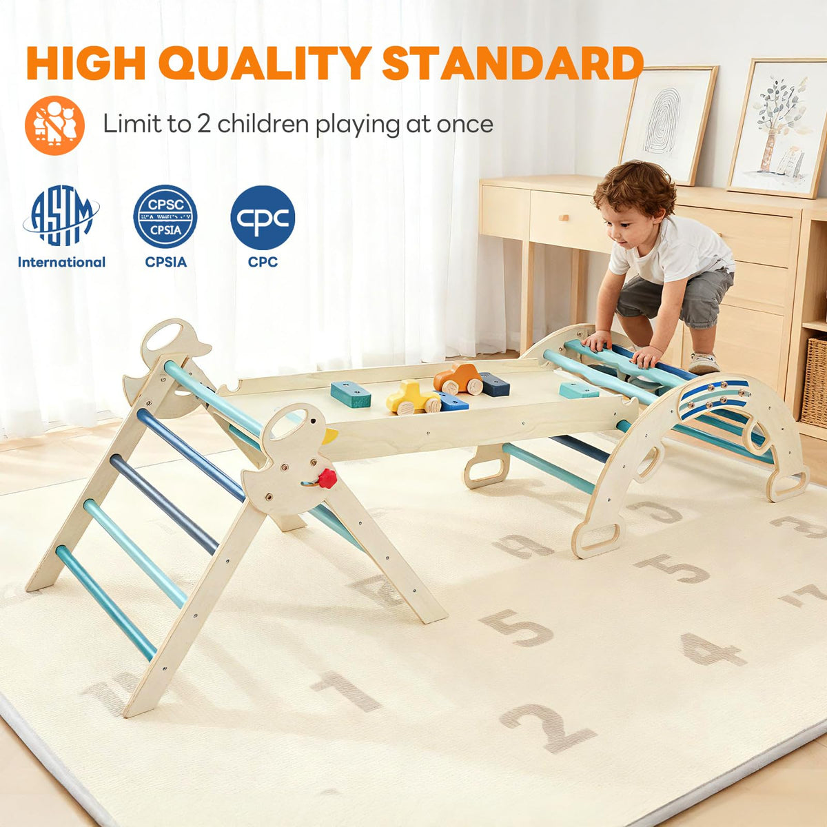 DUMOS Pikler Triangle Set, Toddler Climbing Toys and Play Structure Indoor, 9-in-1 Wooden Montessori Climbing Set with Arch, Ramp and Ladder, Foldable Baby Jungle Gym