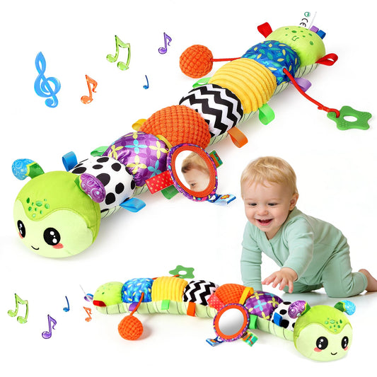 Baby Sensory Toys for 0-6 6-12 Months, Musical Stuffed Caterpillar Animal Toys for Infant 3 6 9 12 18 Months, Tummy Time Toys with Mirror Rattle Crinkle for Newborn Boys Girls Shower Gifts