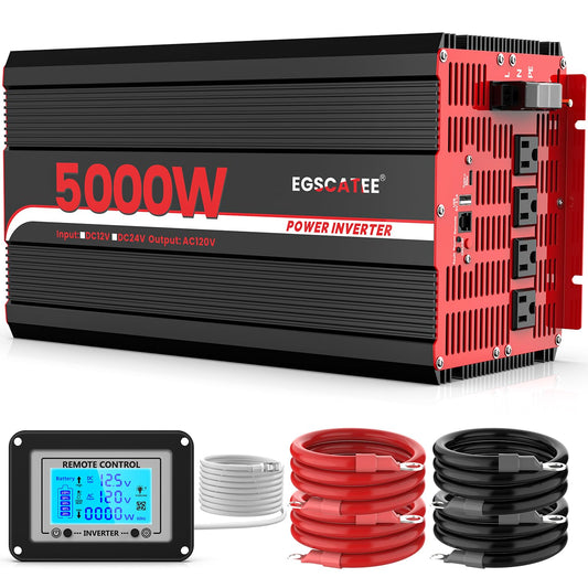5000W Power Inverter 12V DC to 120V AC Converter for Truck, Home, RV, Peak 10000W Off-Grid Solar Power Inverter with 4 AC Outlets, USB Port,Type-C Port, Remote Controller with LCD Screen