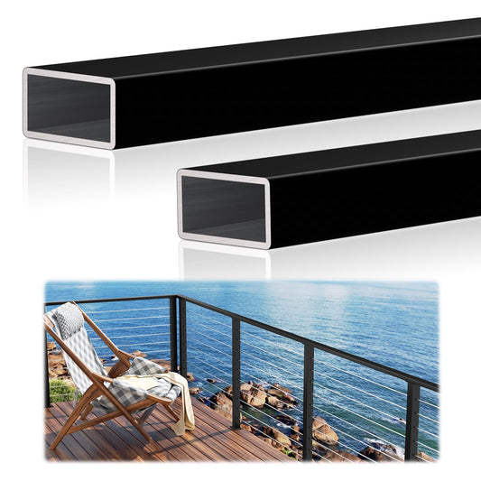 2 Pack 10FTx 2"x1" Aluminum Black Handrail with Self Drilling Screws Nylon End Caps, AAMA 2604 Coating, 2.8mm Thick Flat Handrail Cuttable Top Rail for Deck Stair Railing Indoor Outdoor