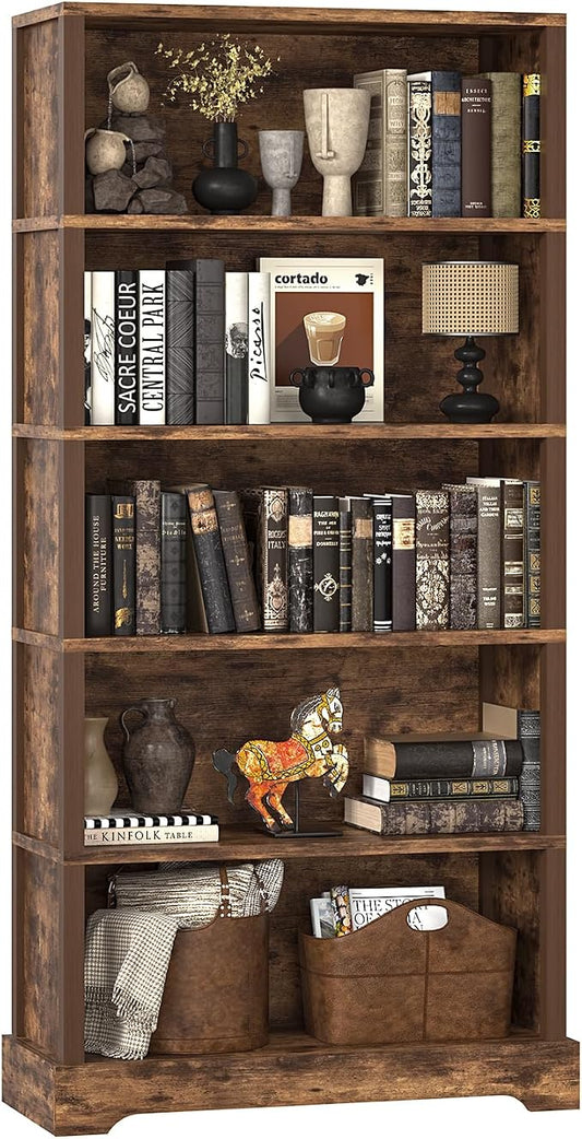 TVU 5-Tier Wooden Bookshelf, 65" Tall Farmhouse Style Open Bookcase, 31.5" W Standing Book Shelf with Storage, Suitable for Study, Living Room, Office, Rustic Brown