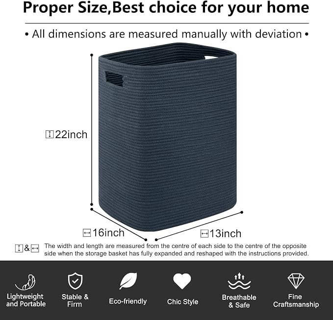 OIAHOMY Laundry Hamper, Laundry Basket，Rectangle Cotton Large Blanket Storage Basket for Living room,Bedroom Woven Decorative Storage for Toys,Clothes,Pillows-16x13x22in-Blue