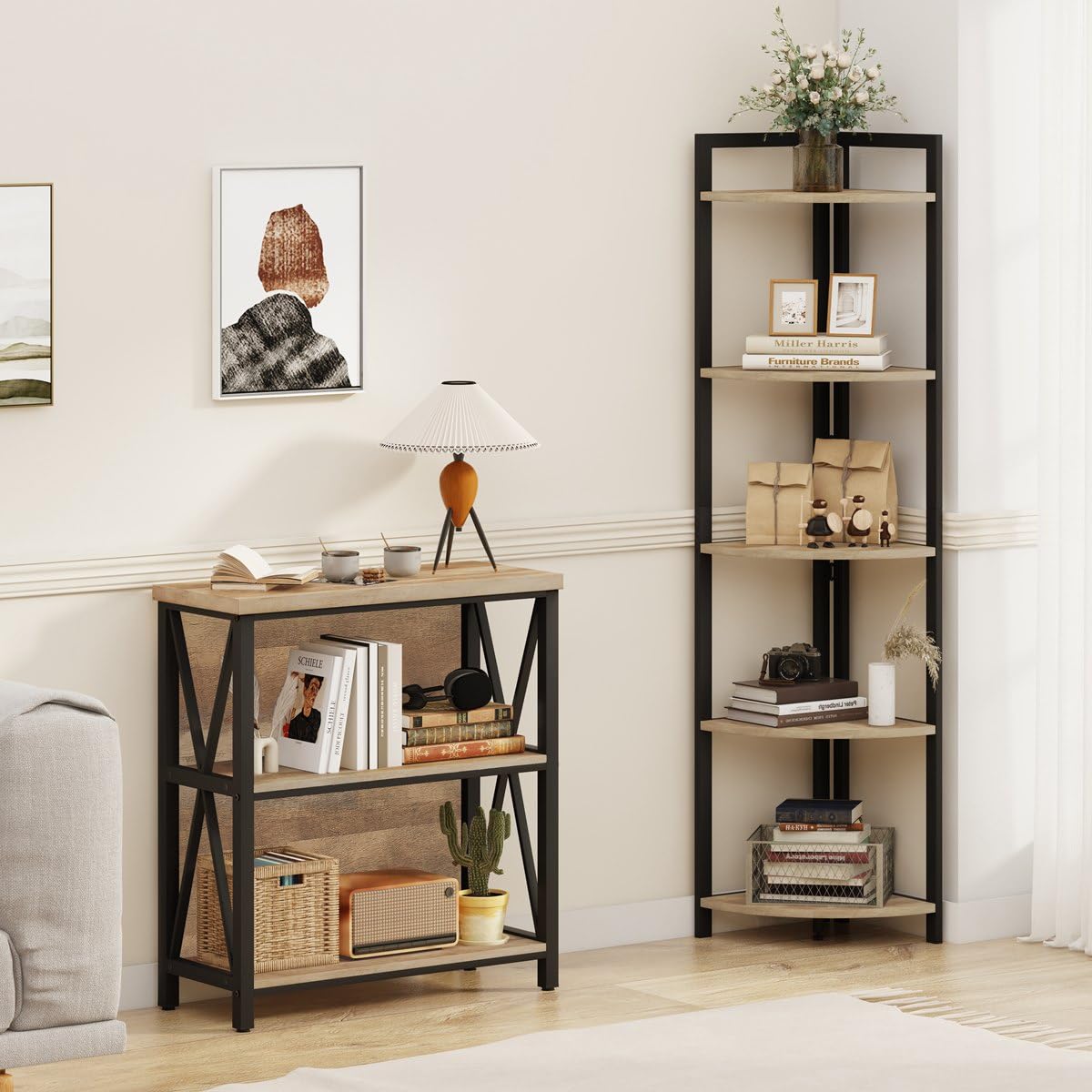 FATORRI Tall Corner Shelf, Industrial Corner Bookshelf, Wood and Metal Corner Shelf Stand for Living Room, Rustic Display Plant Stand for Home Office (Rustic Oak)
