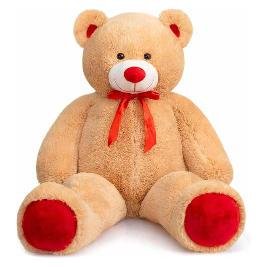 WENMOTDY Giant Teddy Bear 4ft Stuffed Animal Big Teddy Bear Plush with Red Ribbon Bow and Paw Pads Plush Toy for Girlfriend Lover Mom Kids Anniversary Valentines Birthdays Gifts 48 inch Tan